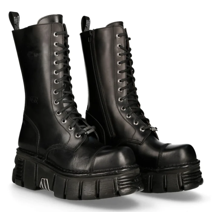 New RockM-MILI211C-C1 Unisex Metallic Black 100% Leather Techno Biker Boots - Image 3
