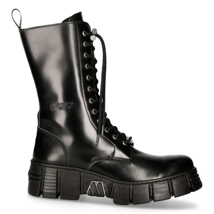 New Rock M-WALL027N-C2 Boots Black Leather Wall Rock Biker Mid-Calf Tower Boots - Image 1