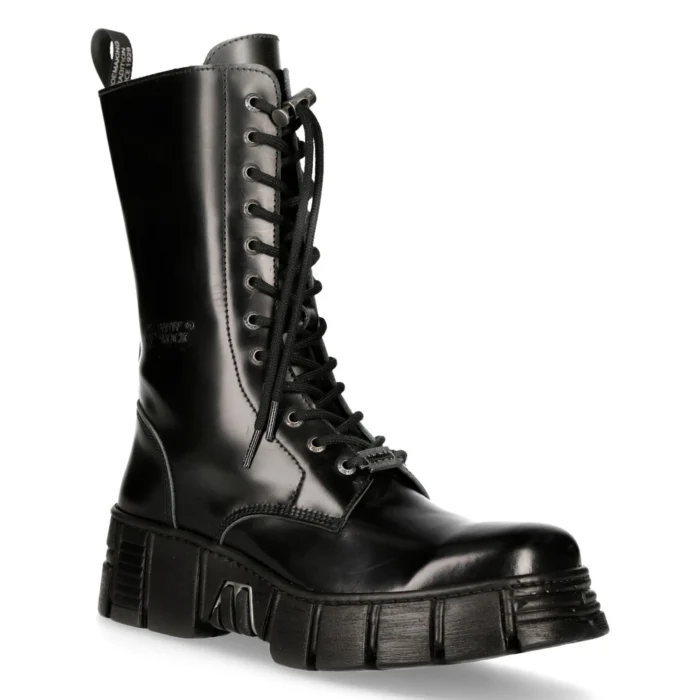 New Rock M-WALL027N-C2 Boots Black Leather Wall Rock Biker Mid-Calf Tower Boots - Image 2