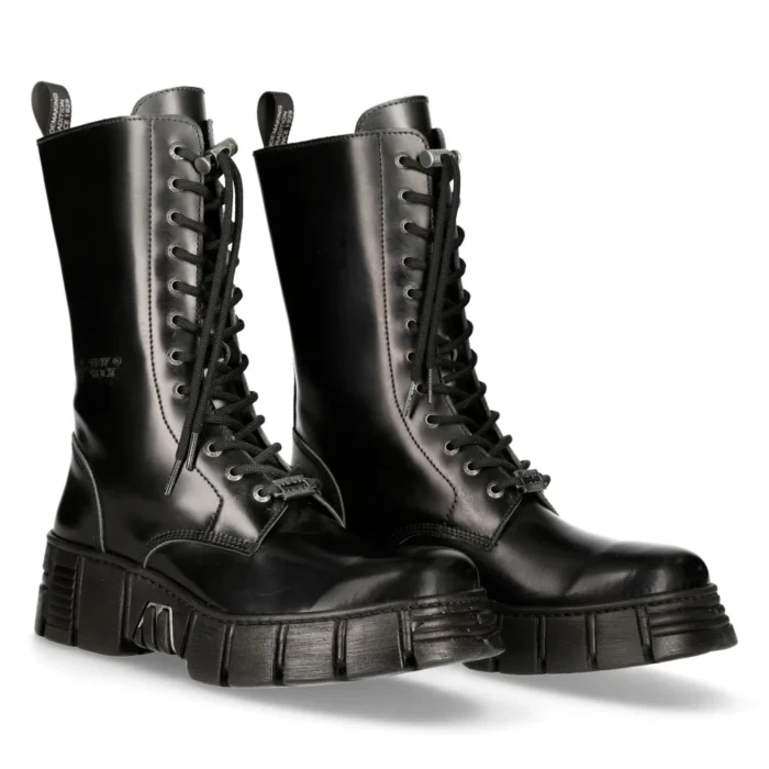 New Rock M-WALL027N-C2 Boots Black Leather Wall Rock Biker Mid-Calf Tower Boots - Image 3