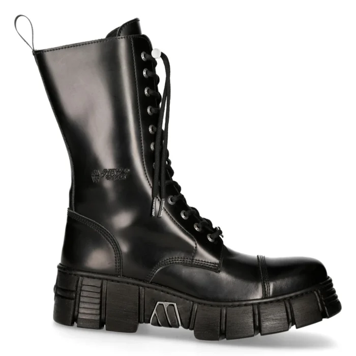New Rock M-WALL127N-C1 Boots Black Leather Wall Rock Biker Mid-Calf Tower Boots - Image 1