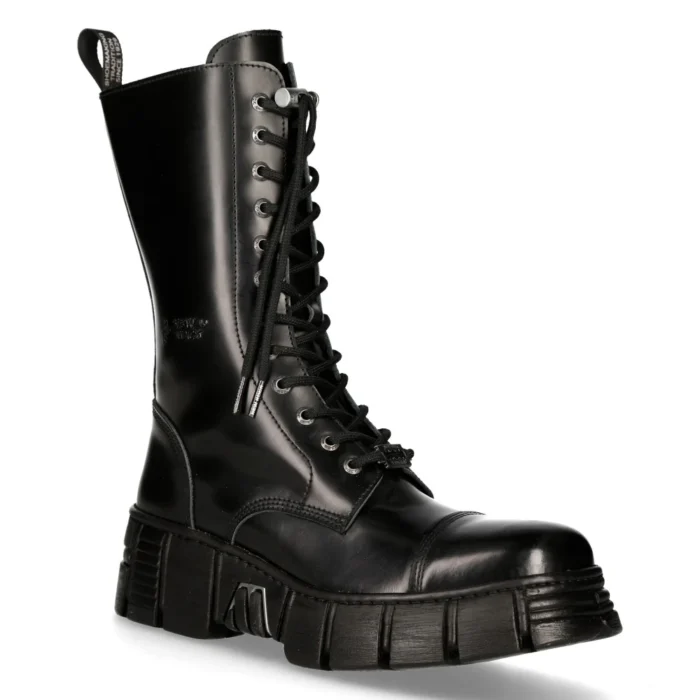 New Rock M-WALL127N-C1 Boots Black Leather Wall Rock Biker Mid-Calf Tower Boots - Image 2