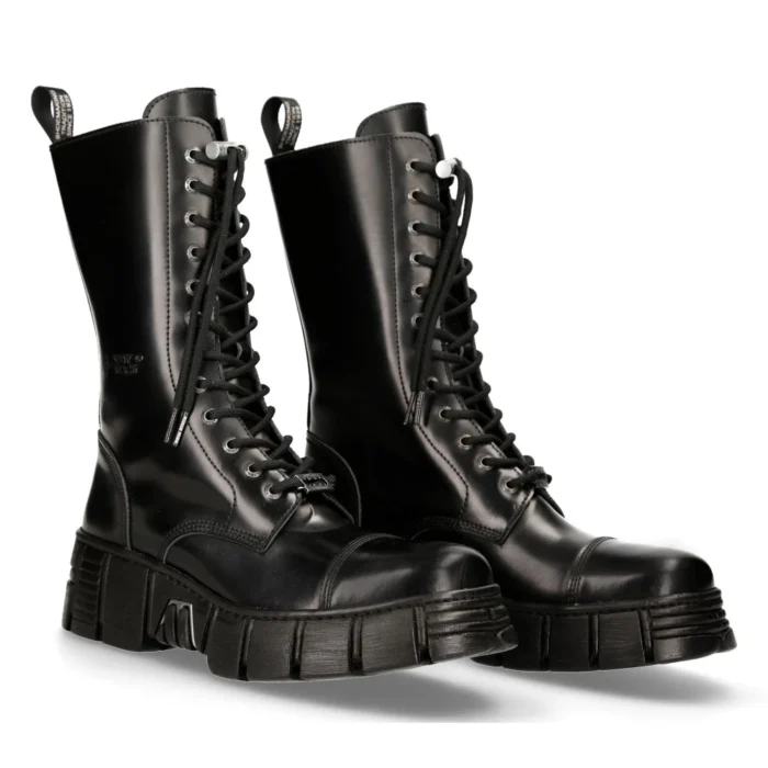 New Rock M-WALL127N-C1 Boots Black Leather Wall Rock Biker Mid-Calf Tower Boots - Image 3