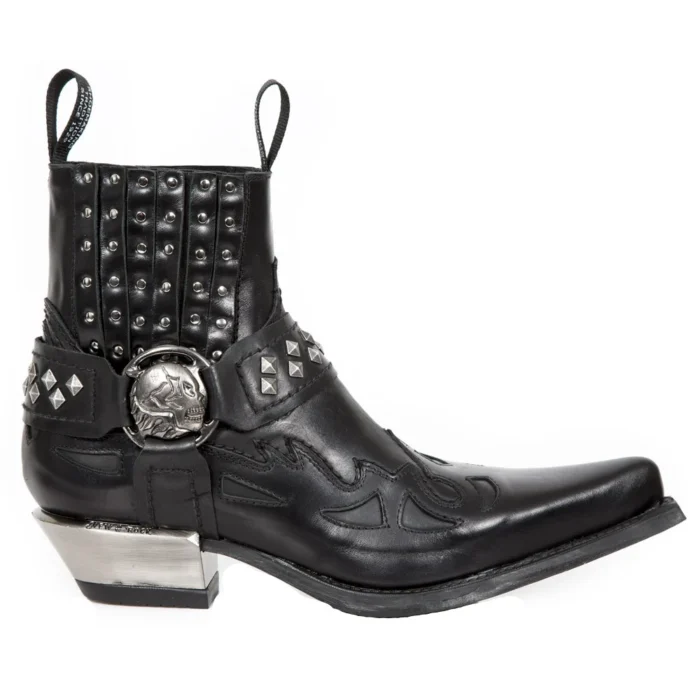 New Rock M.7950-S9 Black Ankle Boots Western Goth Strap Skull Stud Metal - Image 1