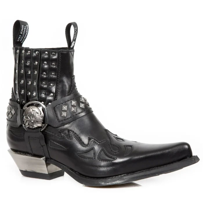 New Rock M.7950-S9 Black Ankle Boots Western Goth Strap Skull Stud Metal - Image 2