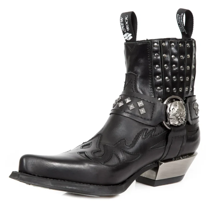 New Rock M.7950-S9 Black Ankle Boots Western Goth Strap Skull Stud Metal - Image 7