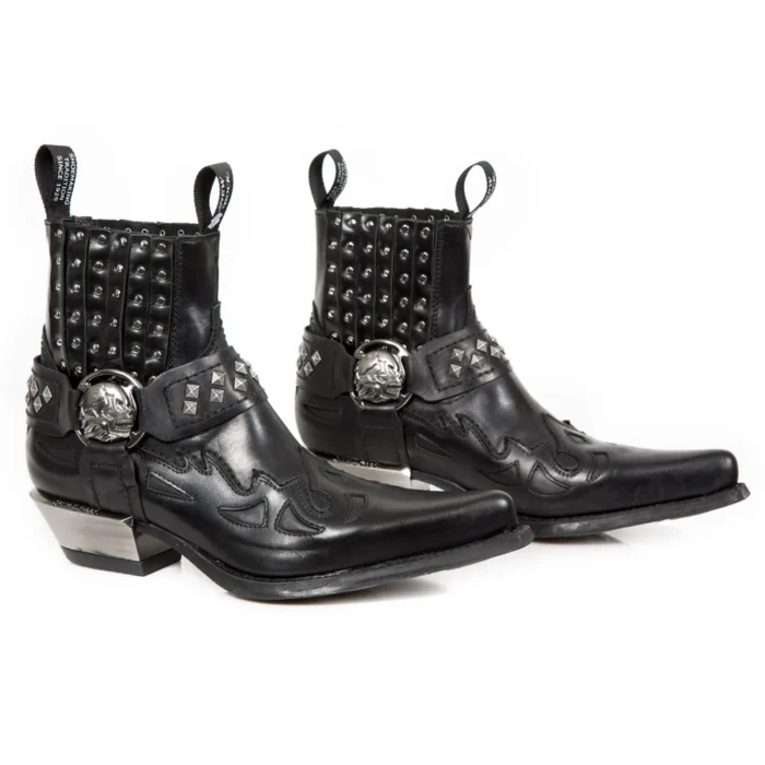 New Rock M.7950-S9 Black Ankle Boots Western Goth Strap Skull Stud Metal - Image 3