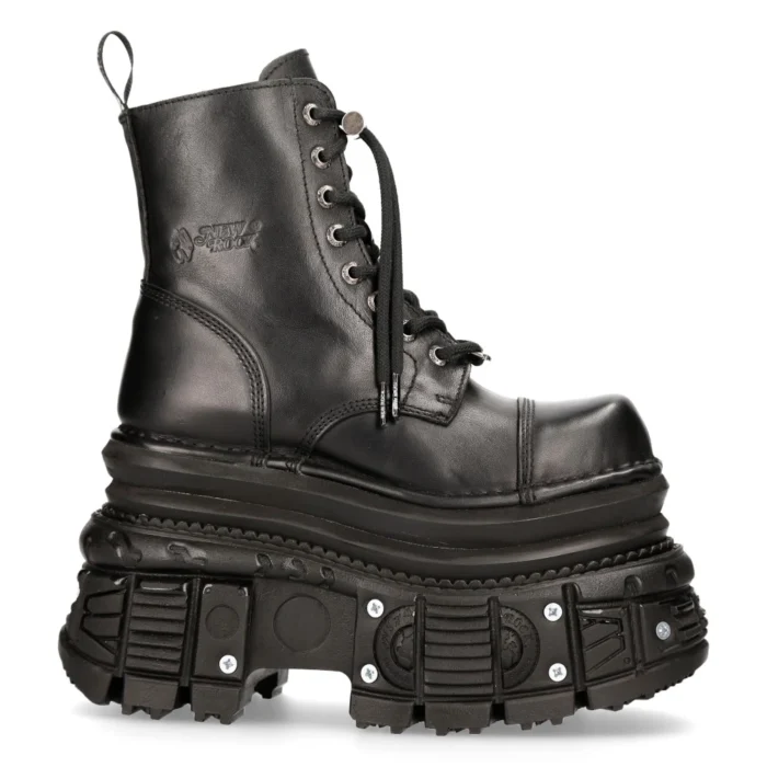 New Rock MILI083CCT-C4 Metallic Black Leather Military Boots Punk Goth Rock - Image 1