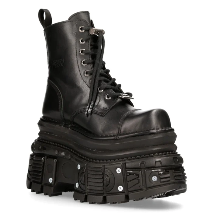 New Rock MILI083CCT-C4 Metallic Black Leather Military Boots Punk Goth Rock - Image 2