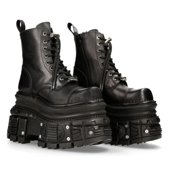 New Rock MILI083CCT-C4 Metallic Black Leather Military Boots Punk Goth Rock - Image 3