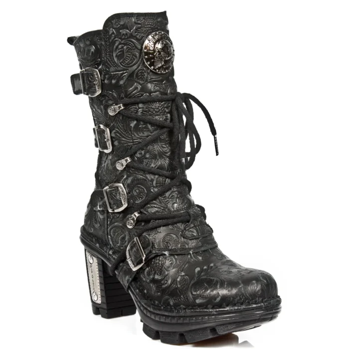 New Rock NEOTR005-S25 Vintage Floral Black Gothic Rock Punk Ladies Leather Boots - Image 2