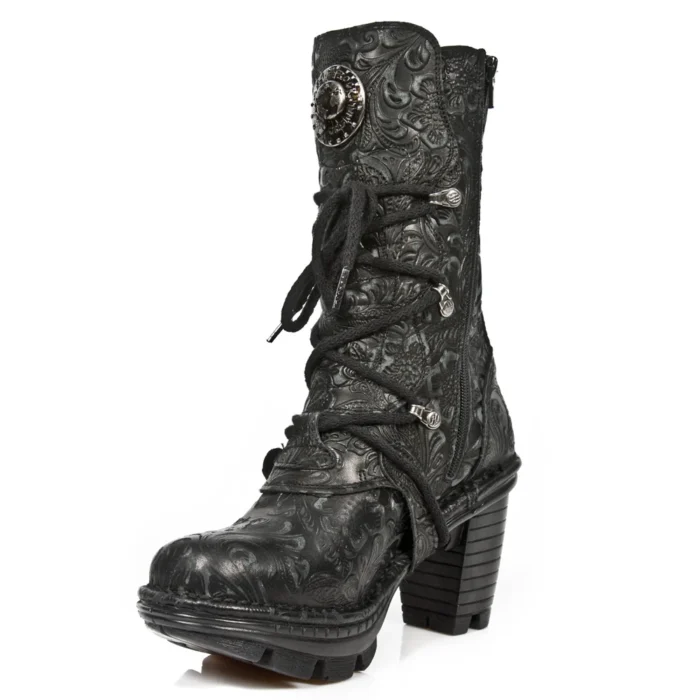 New Rock NEOTR005-S25 Vintage Floral Black Gothic Rock Punk Ladies Leather Boots - Image 6