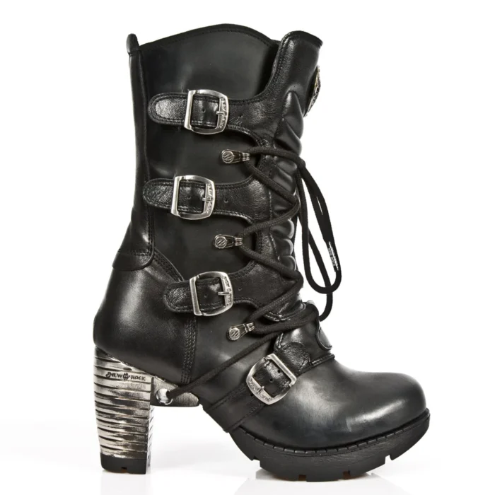 New Rock TR003-S1 womens Platform Heel Metal Rock Punk Laces Mid Boots Goth - Image 1
