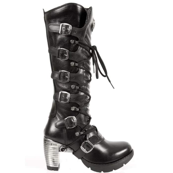 New Rock TR004-S1 Ladies Black 100% Leather Buckle Lace Knee High Biker Boots - Image 1