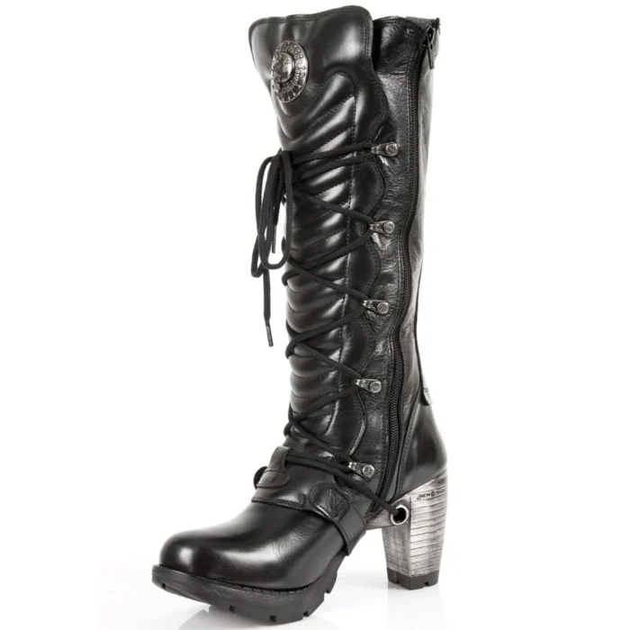 New Rock TR004-S1 Ladies Black 100% Leather Buckle Lace Knee High Biker Boots - Image 6