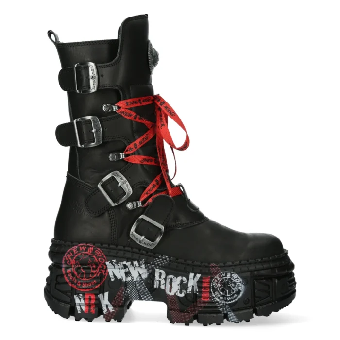 New Rock Boots WALL028B-C1 Unisex Metallic Black Leather Platform Gothic Boots - Image 1