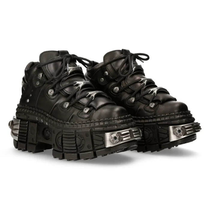 New Rock Boots WALL106-S10 Unisex Metallic Black Leather Platform Gothic Boots - Image 2