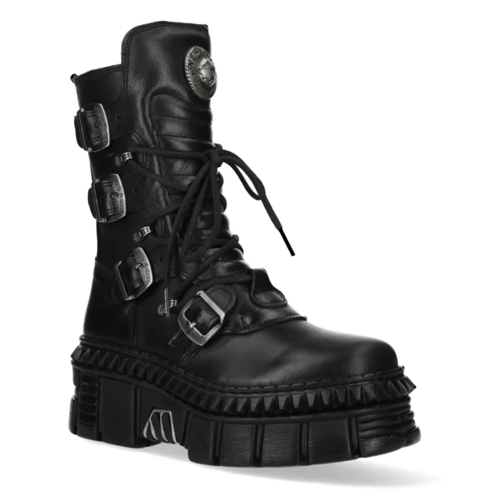 New Rock Boots Punk WALL373-S6 Unisex Metallic Black Leather Platform EMO - Image 2