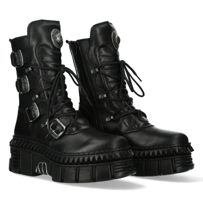 New Rock Boots Punk WALL373-S6 Unisex Metallic Black Leather Platform EMO - Image 3