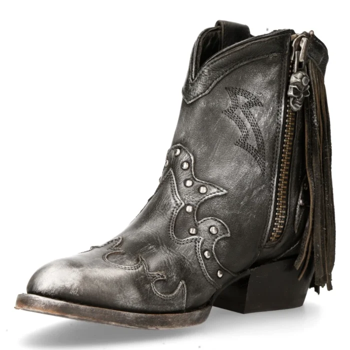 New Rock WSTM003-S1 Grey Leather Cowboy Western Pointed Boots Tassel Vintage - Image 7