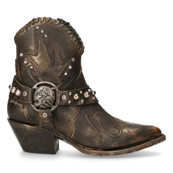 New Rock WSTM004-S1 Brown Leather Cowboy Western Pointed Boots Vintage Stud - Image 1