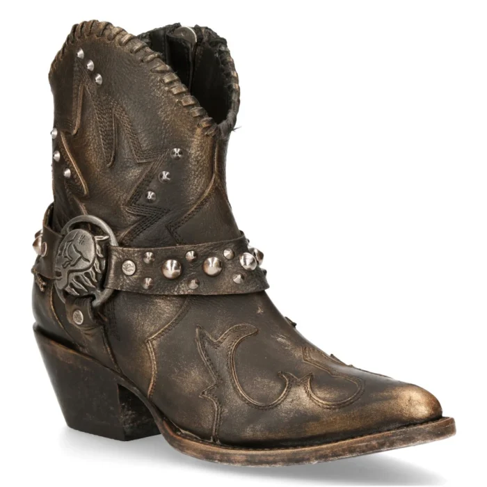 New Rock WSTM004-S1 Brown Leather Cowboy Western Pointed Boots Vintage Stud - Image 2