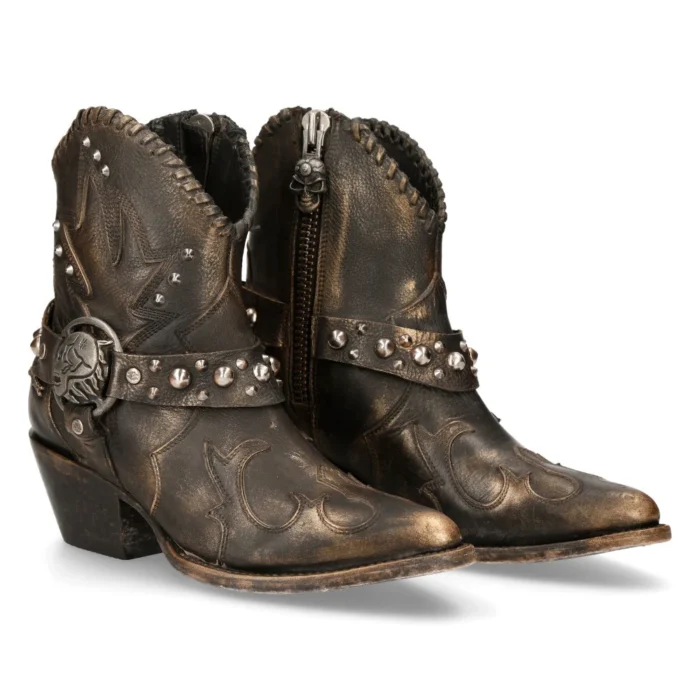 New Rock WSTM004-S1 Brown Leather Cowboy Western Pointed Boots Vintage Stud - Image 3
