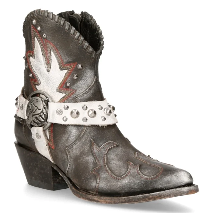 New Rock WSTM004-S2 Grey White Leather Cowboy Western Pointed Boots Vintage - Image 2
