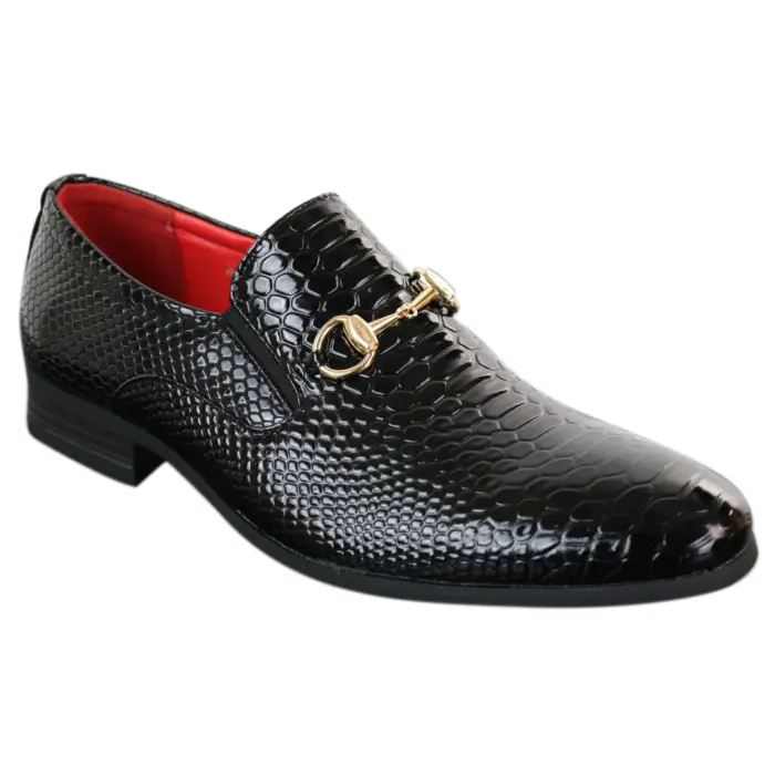 Mens Black Patent Shiny Slip On PU Snake Crocodile Leather Shoes Gold Buckle - Image 1