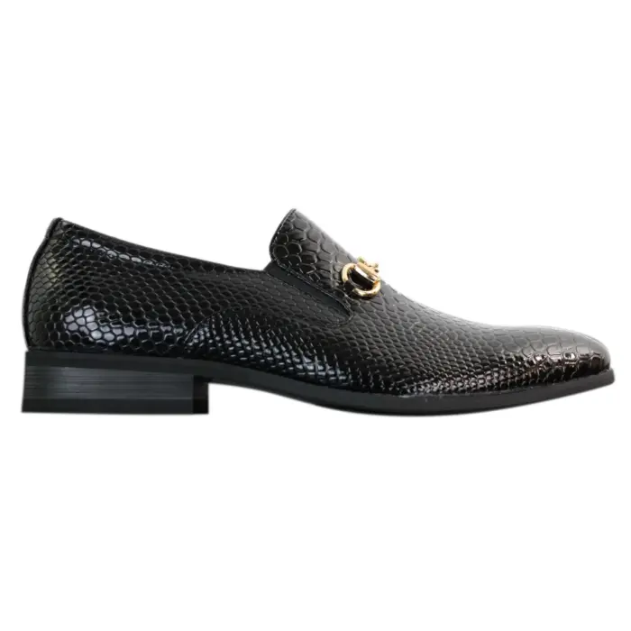 Mens Black Patent Shiny Slip On PU Snake Crocodile Leather Shoes Gold Buckle - Image 2