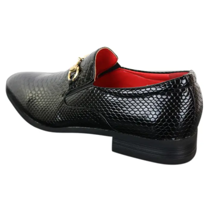 Mens Black Patent Shiny Slip On PU Snake Crocodile Leather Shoes Gold Buckle - Image 4