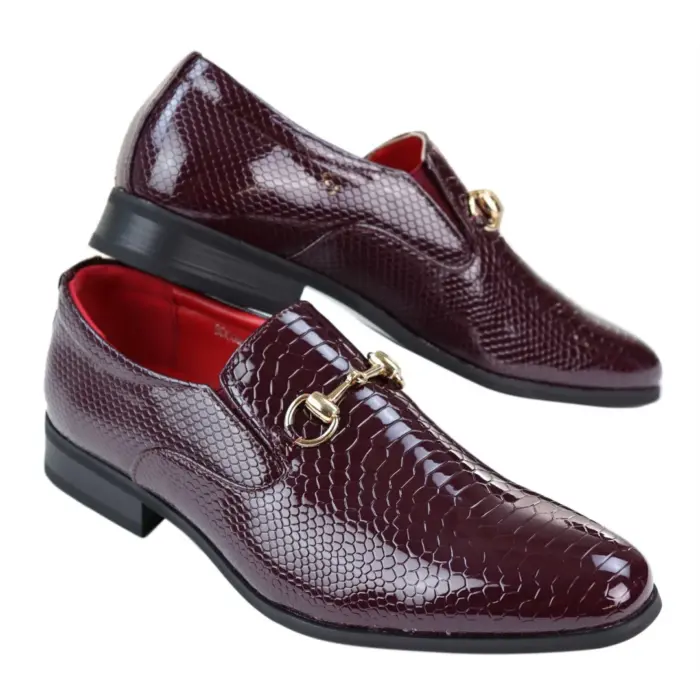 Mens Black Patent Shiny Slip On PU Snake Crocodile Leather Shoes Gold Buckle - Image 11