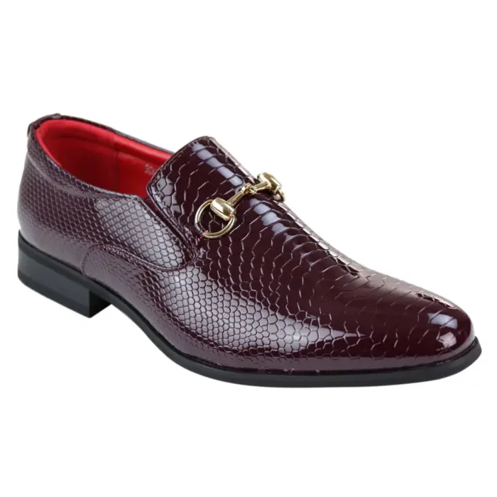 Mens Black Patent Shiny Slip On PU Snake Crocodile Leather Shoes Gold Buckle - Image 9