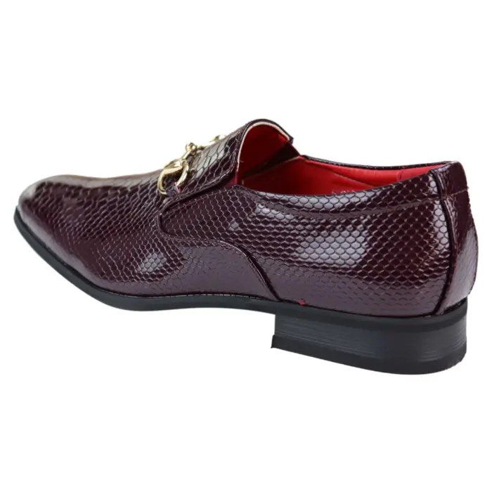 Mens Black Patent Shiny Slip On PU Snake Crocodile Leather Shoes Gold Buckle - Image 12