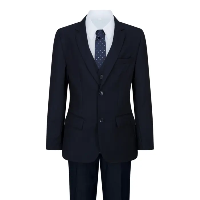 Boys Navy Blue 5 Piece Suit Blazer Waistcoat Shirt Tie Trousers Wedding Party - Image 1