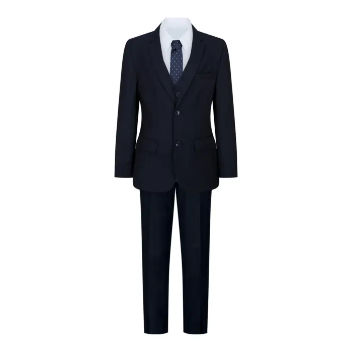 Boys Navy Blue 5 Piece Suit Blazer Waistcoat Shirt Tie Trousers Wedding Party - Image 2