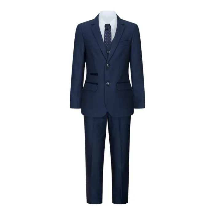 Boys Navy Blue 3 Piece Tweed Birdseye Suit Smart Formal Wedding Classic 1920s - Image 2