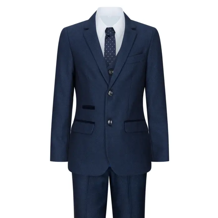 Boys Navy Blue 3 Piece Tweed Birdseye Suit Smart Formal Wedding Classic 1920s - Image 1