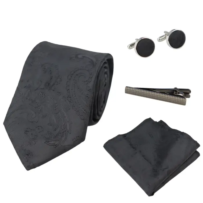 Paisley Neck Tie Gift Set Pocket Square Cuff Links Tie Floral Satin - Image 1
