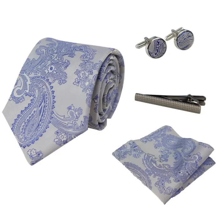 Paisley Neck Tie Gift Set Pocket Square Cuff Links Tie Floral Satin - Image 7