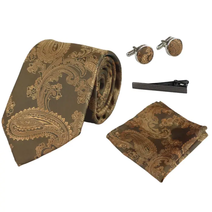 Paisley Neck Tie Gift Set Pocket Square Cuff Links Tie Floral Satin - Image 10