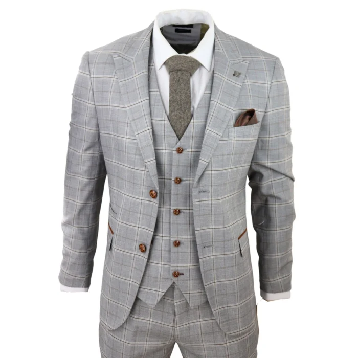 Mens Grey 3 Piece Suit Tan Brown Check Velvet Trims Wedding Tailored Fit Vintage - Image 1