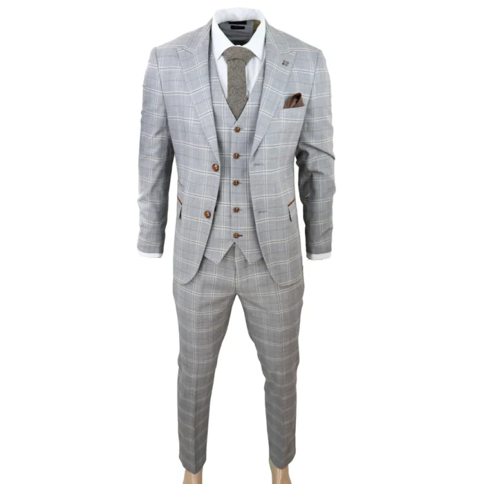 Mens Grey 3 Piece Suit Tan Brown Check Velvet Trims Wedding Tailored Fit Vintage - Image 3