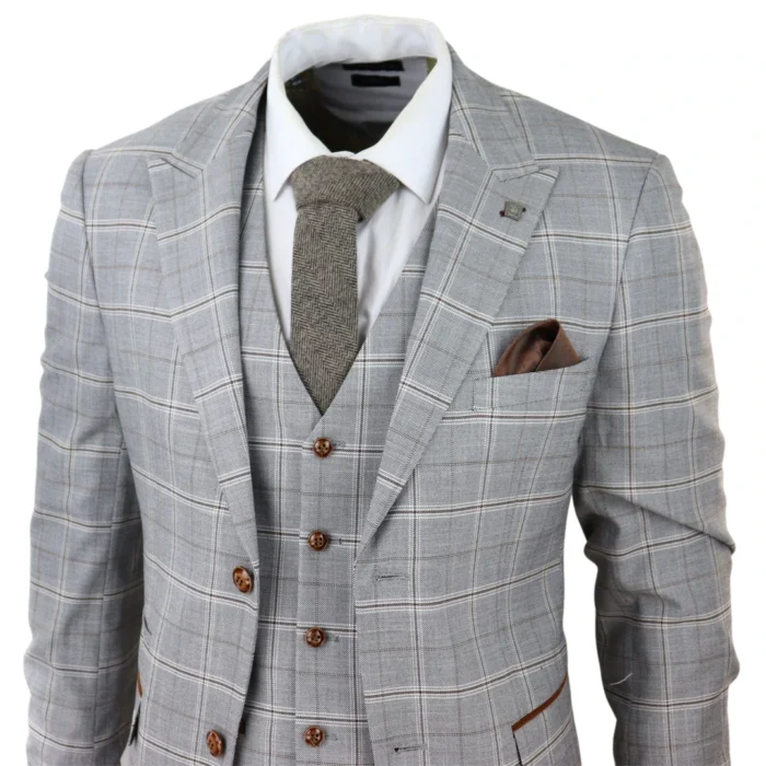 Mens Grey 3 Piece Suit Tan Brown Check Velvet Trims Wedding Tailored Fit Vintage - Image 4