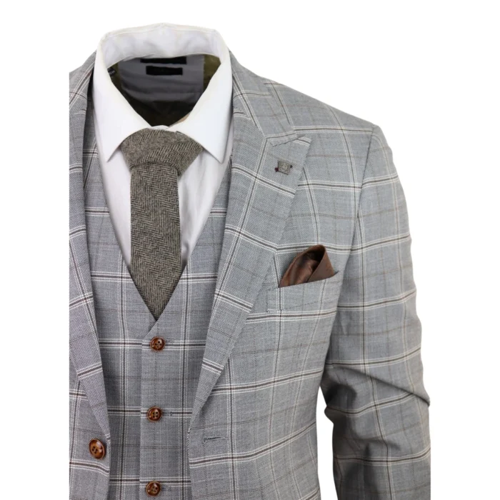 Mens Grey 3 Piece Suit Tan Brown Check Velvet Trims Wedding Tailored Fit Vintage - Image 5