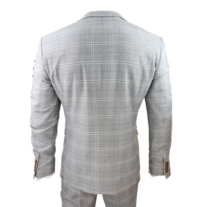 Mens Grey 3 Piece Suit Tan Brown Check Velvet Trims Wedding Tailored Fit Vintage - Image 7