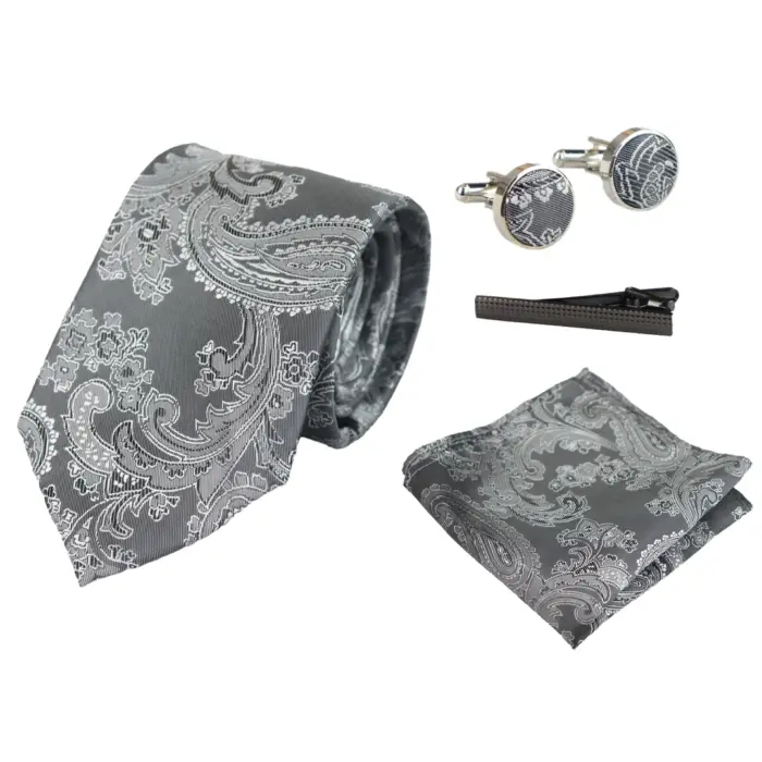 Paisley Neck Tie Gift Set Pocket Square Cuff Links Tie Floral Satin - Image 19