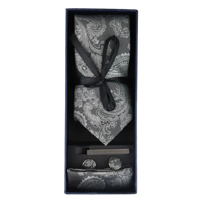 Paisley Neck Tie Gift Set Pocket Square Cuff Links Tie Floral Satin - Image 20