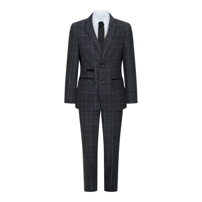Boys Grey Black 3 Piece Tweed Suit Herringbone Wine Vintage Retro - Image 2