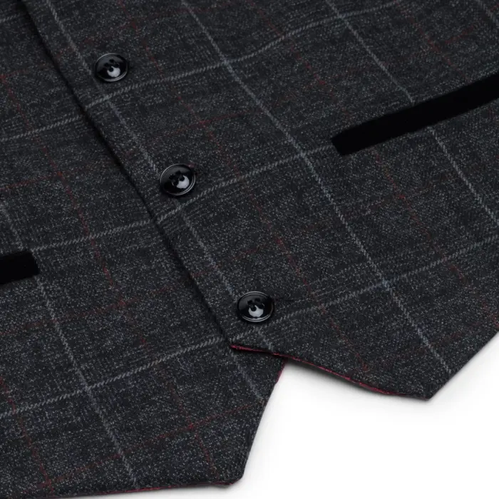 Boys Grey Black 3 Piece Tweed Suit Herringbone Wine Vintage Retro - Image 3